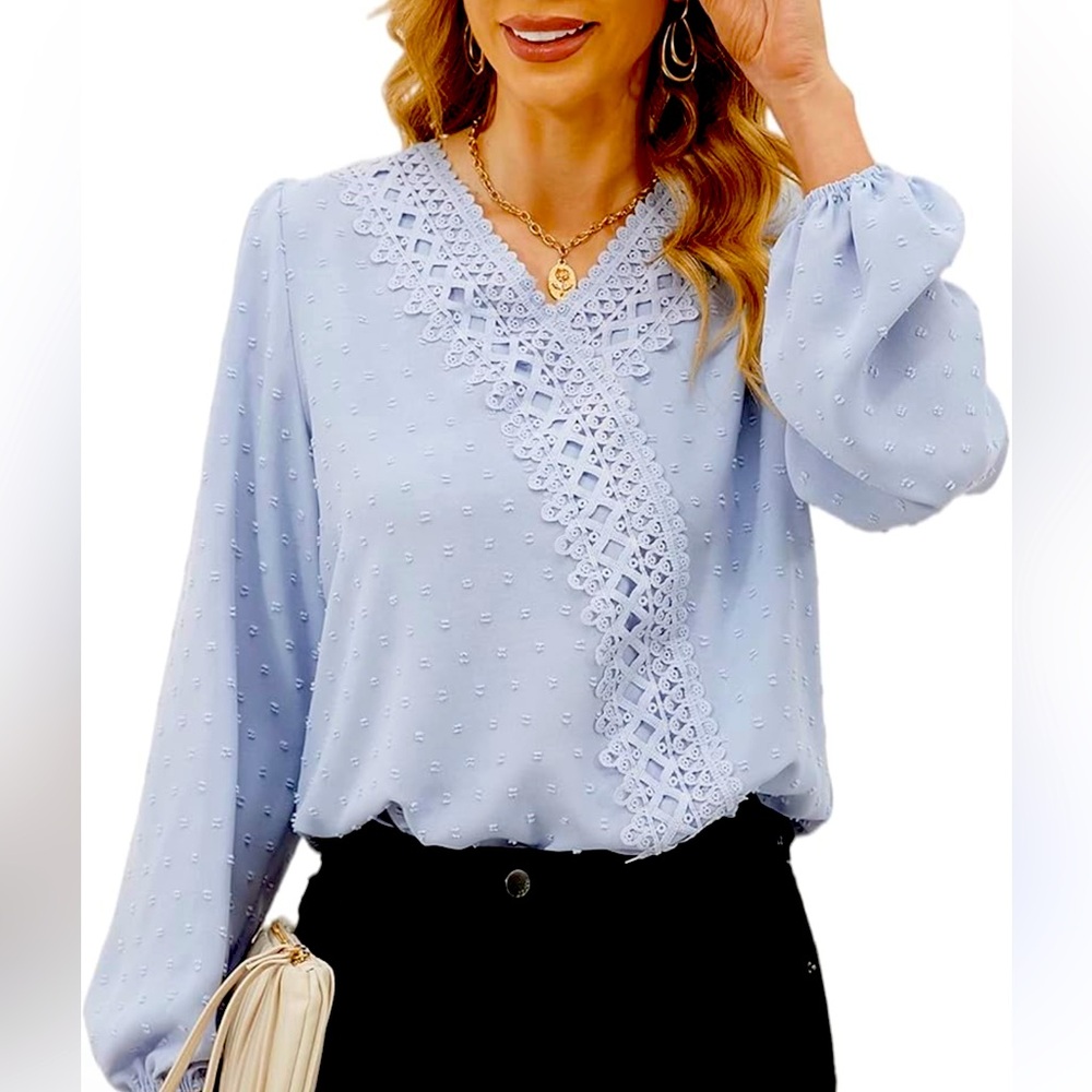 Light Blue Lace Trim Blouse size L NWT